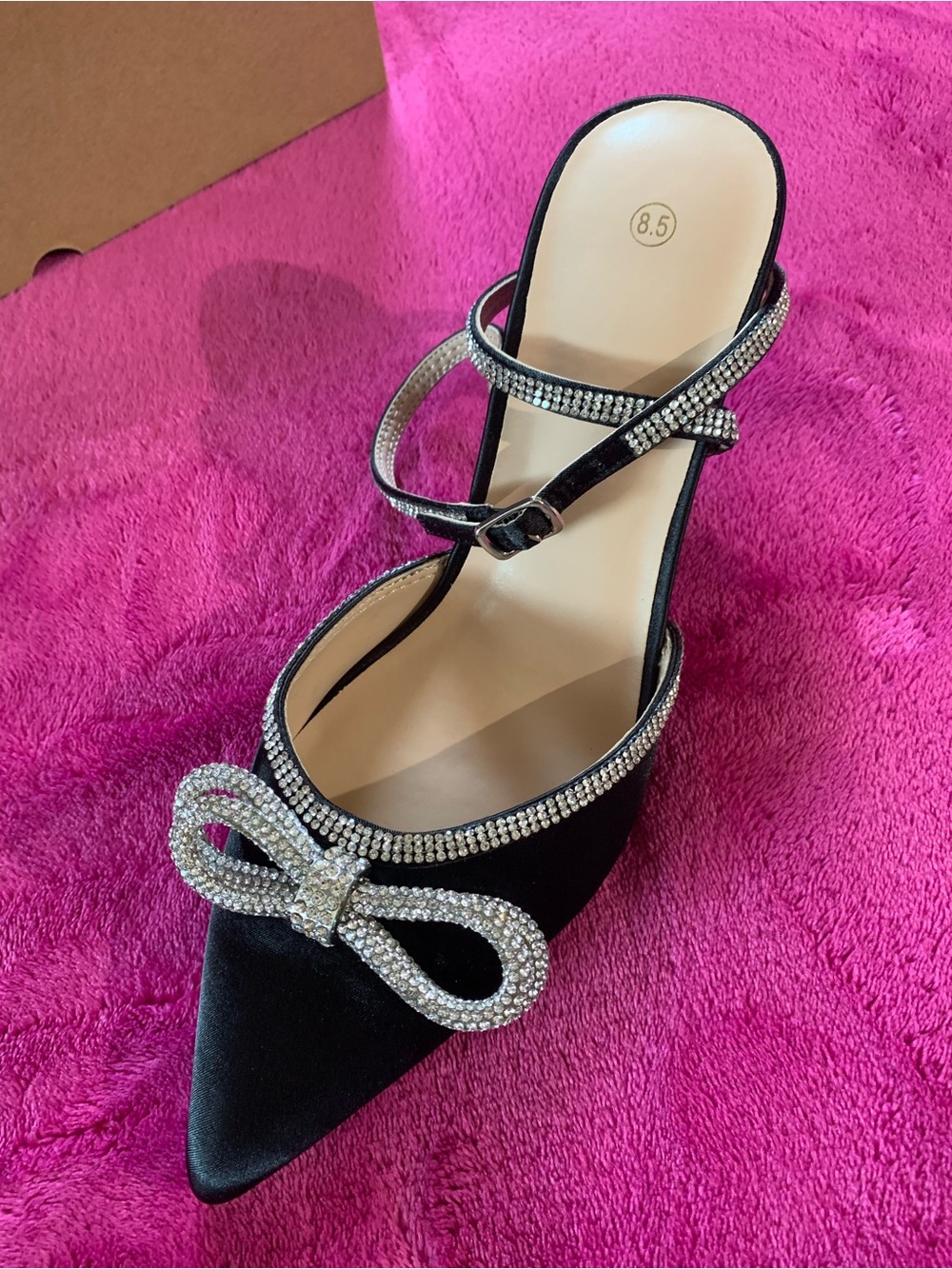 Elegant Black Rhinestone Bow Pointed-Toe Slingback Pump